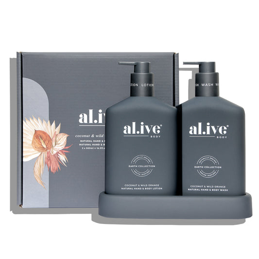 This iconic duo of Hand & Body Wash and Hand & Body Lotion sit perfectly nestled in their custom tray Alive Body
