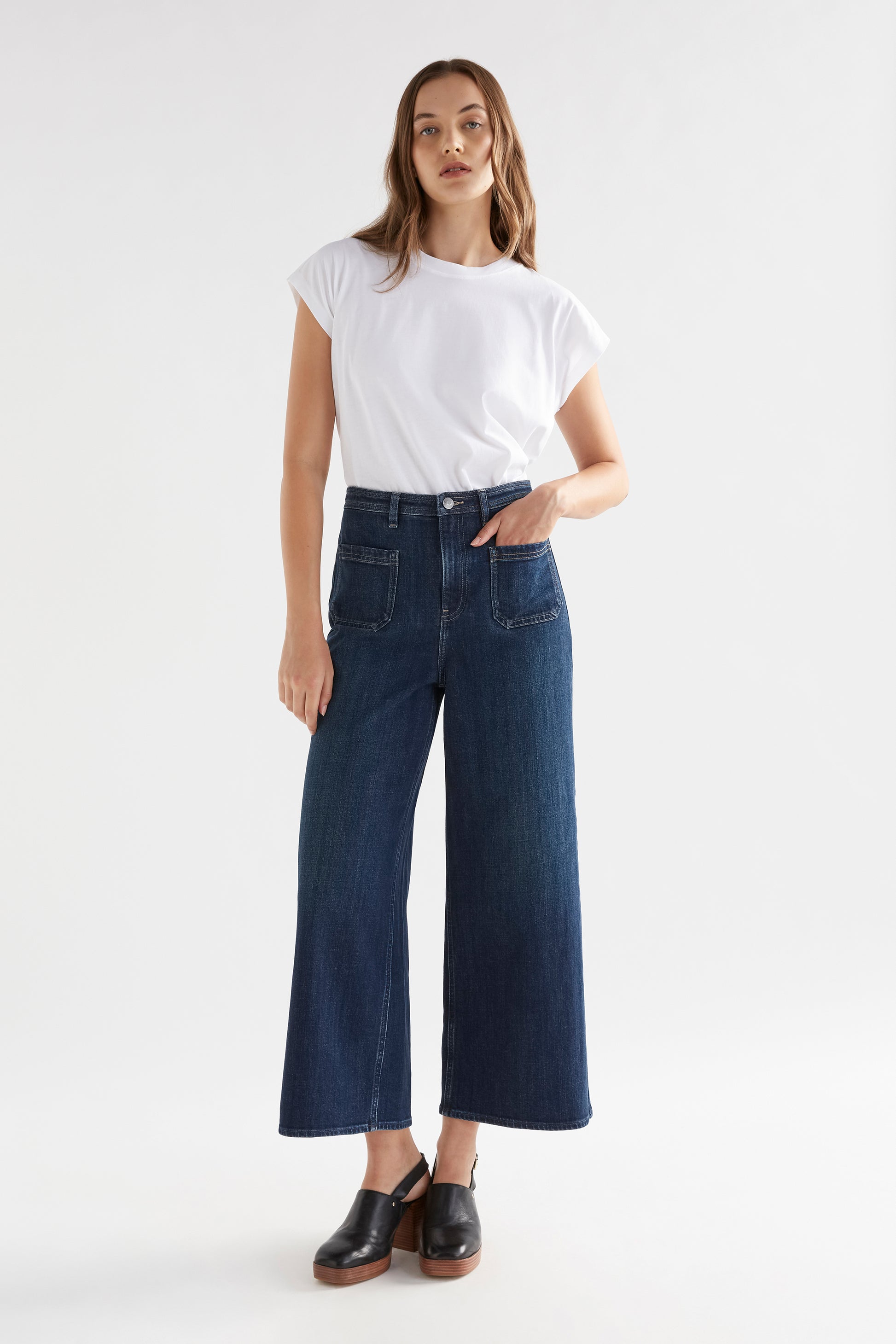 The Elk Sondern Jean is a wide leg and high-rise waist with two feature patch front pockets,