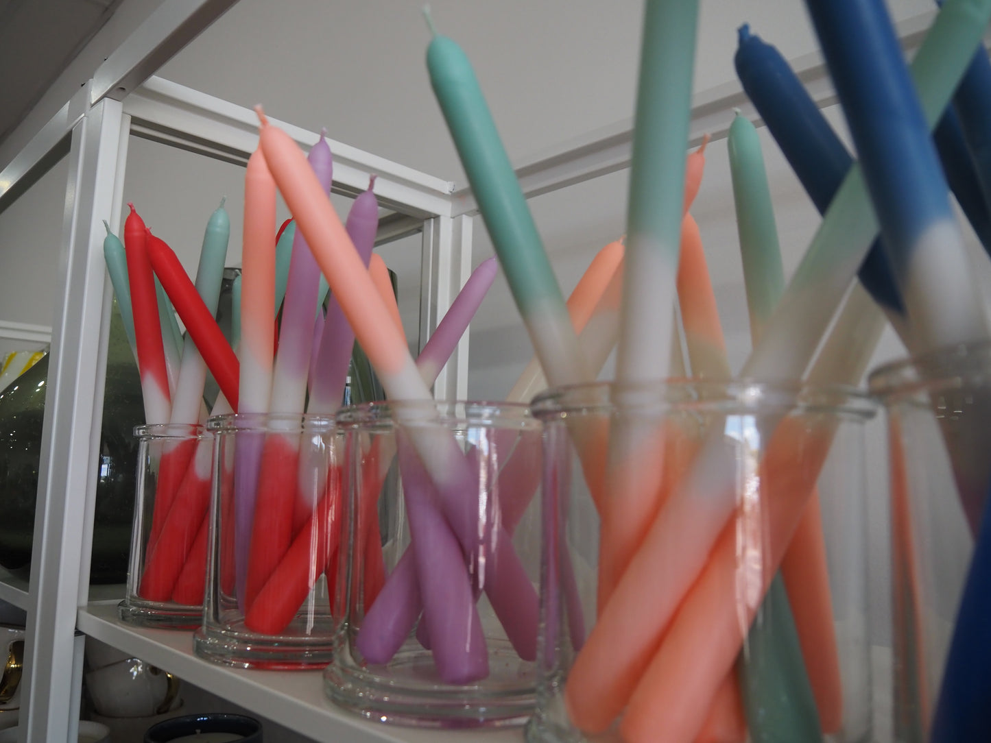 Colour Dipped Candles hand produced in the Macedon Ranges perfect gift table scape party function or wedding 6 hours approximate burning time 25cm tapered candle Suitable for standard candlestick holders Ask us about custom colour combinations and minimum quantities for your wedding, function or party